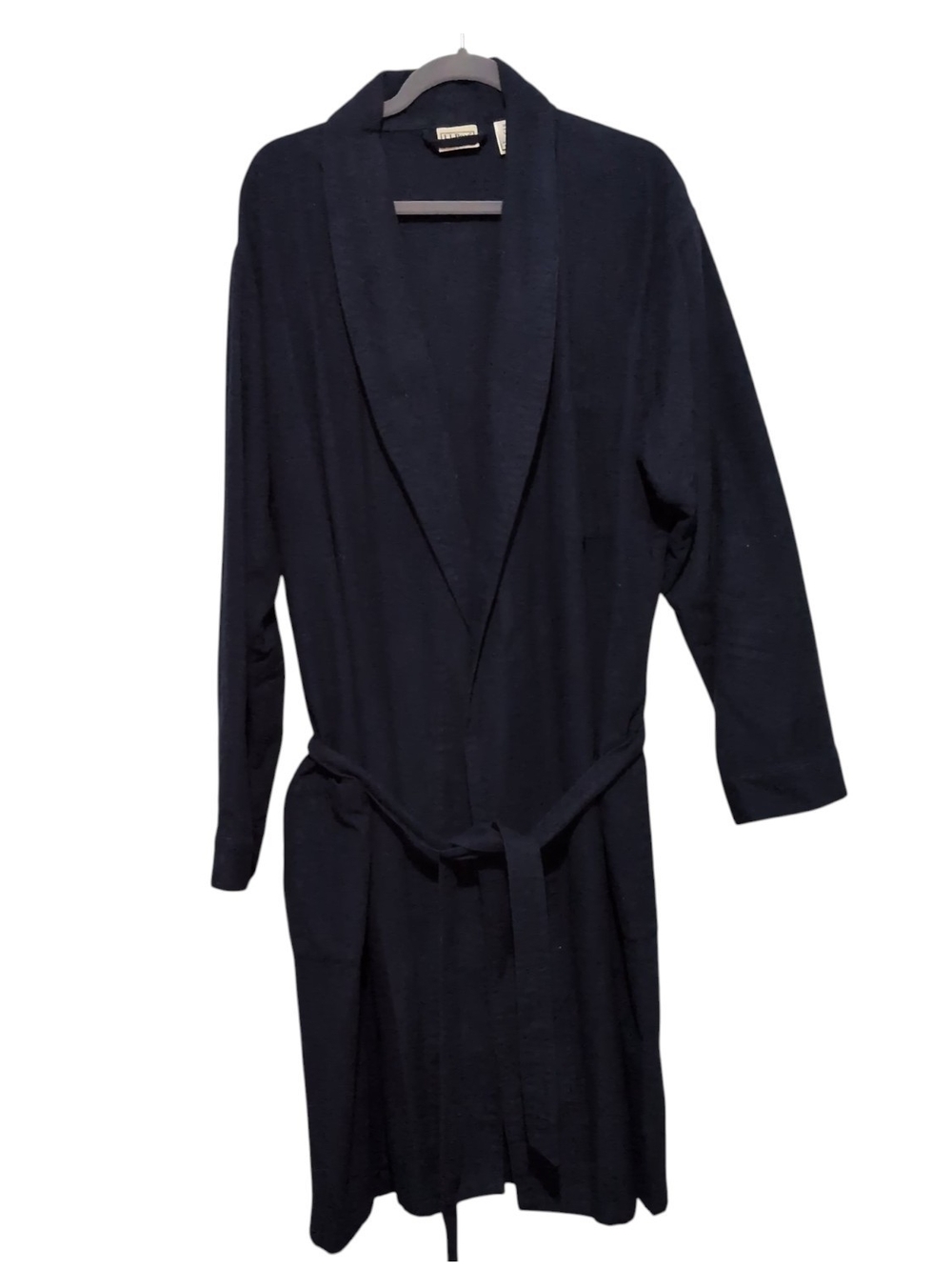 LL Bean Mens Large Cotton Flannel Bathrobe Navy Blue Shawl Collar Belted Robe L
